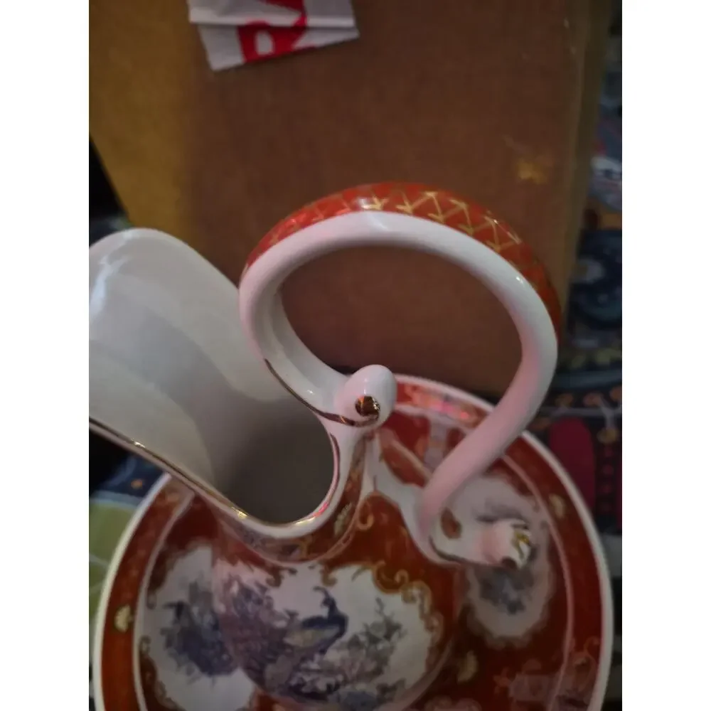 Vintage Fapodel Ceramic Pitcher And Bowl In Red And White Color With Gold Trim
